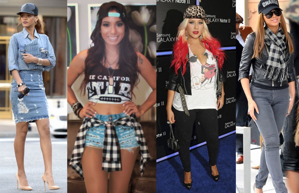 As cantoras Rihanna, Anitta, Christina Aguilera e Beyoncé montam looks com bonés.